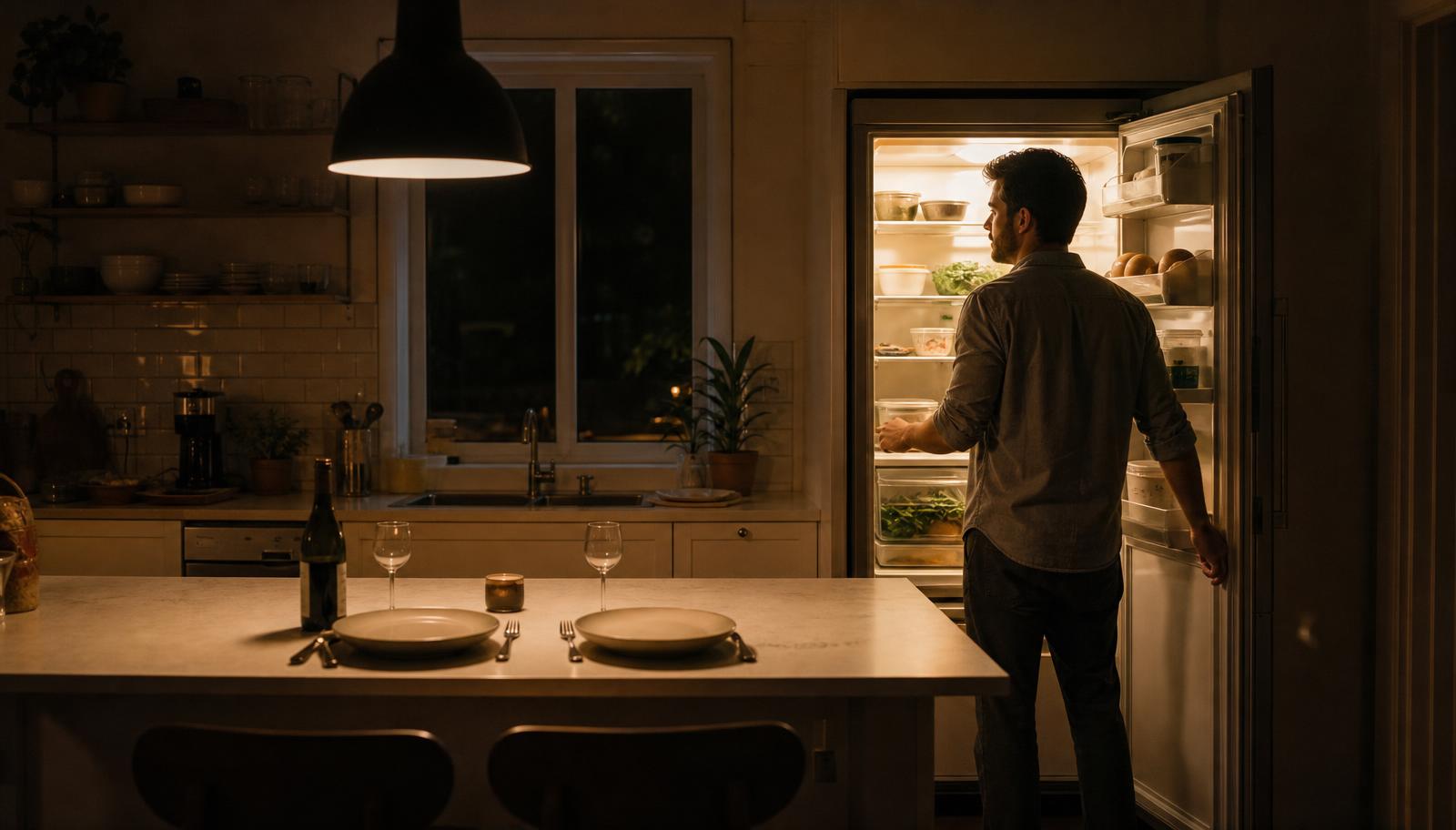 A man home from work looking into an open fridge wondering what to cook