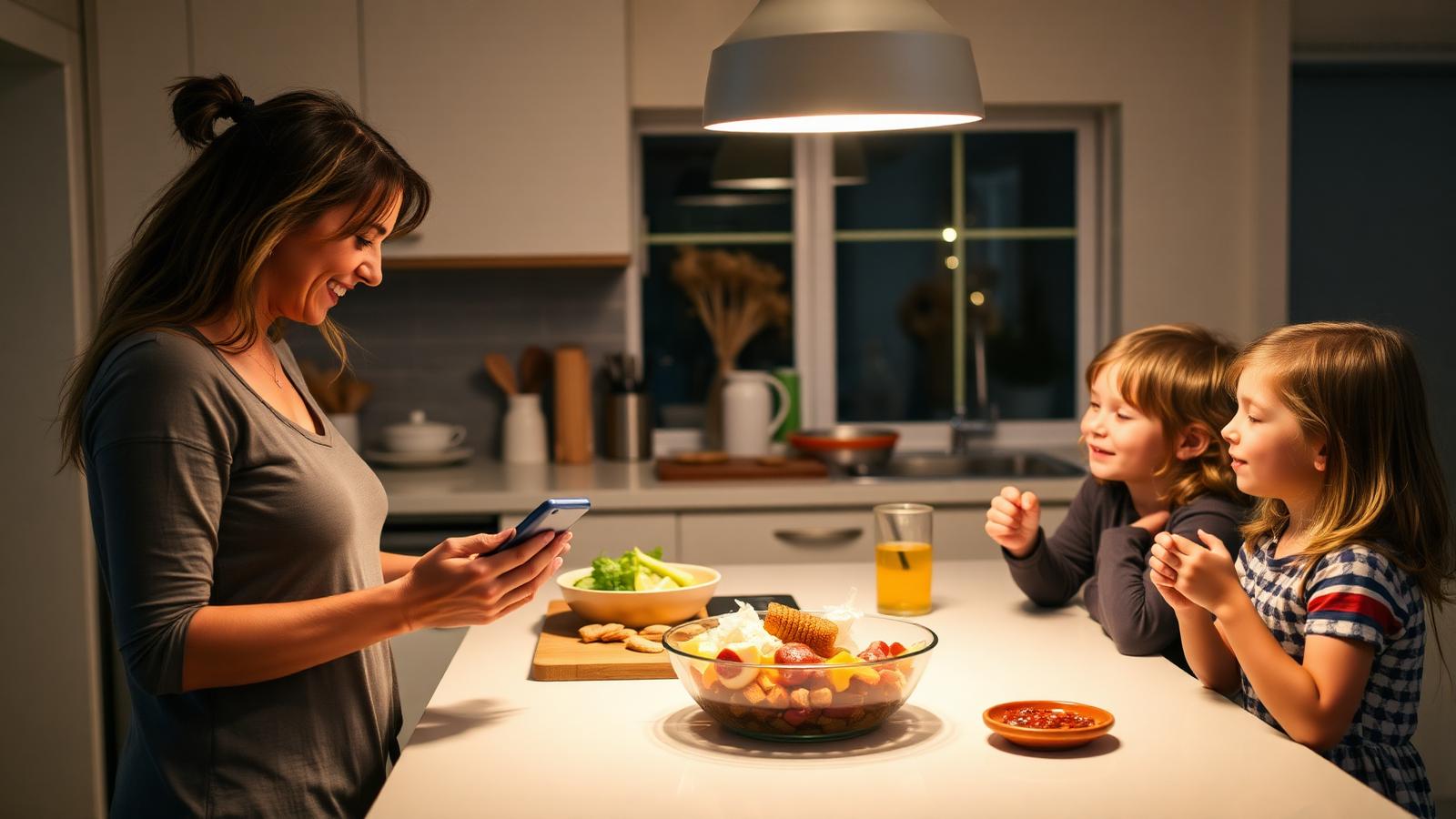 A mum planning dinner on her phone while children chat around the kitchen counter