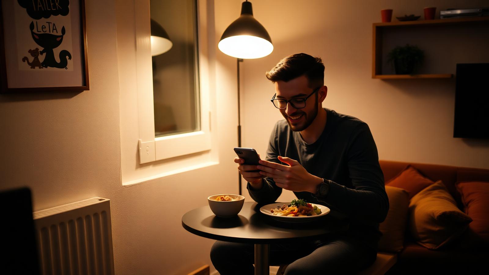 A young professional in a studio apartment enjoying a home-cooked meal and rating it on his phone